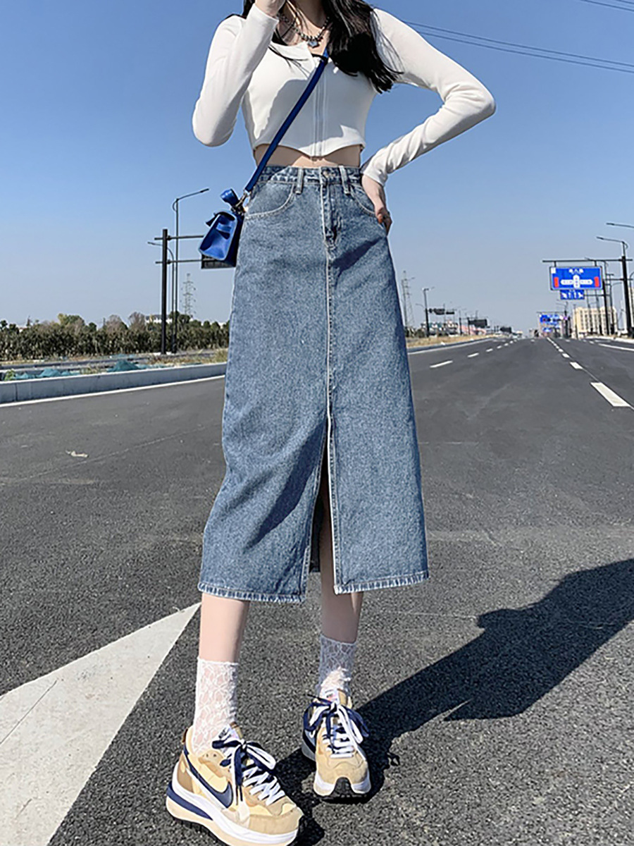 デニムファッション フロントスリット入り ロングデニムスカート