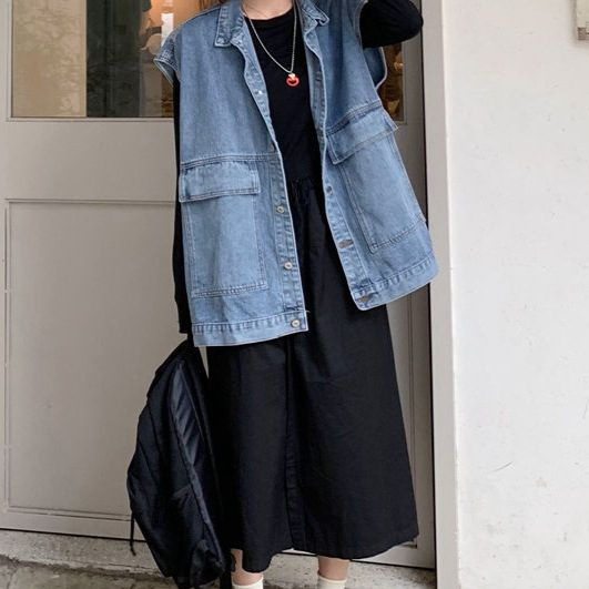 デニムファッション ゆったりシルエットデニムベスト