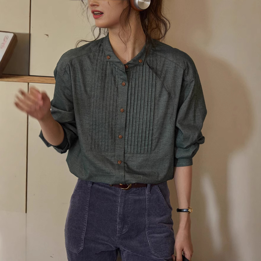 デニムファッション 胸元プリーツ加工デザインシャツ