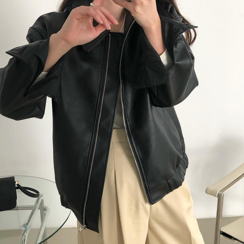 レザーファッション シンプル襟付きジップアップジャケット