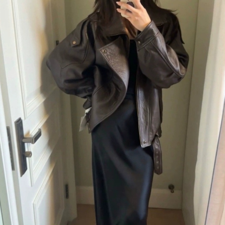 レザーファッション ゆったりシルエット本革ライダース