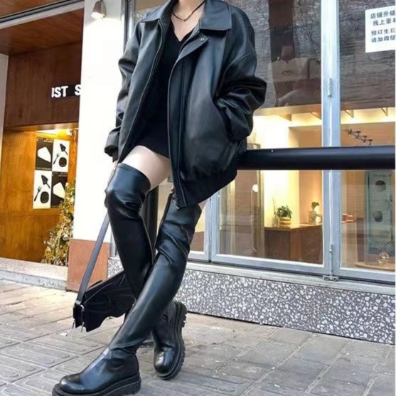 レザーファッション ゆったりシルエット本革ジャケット