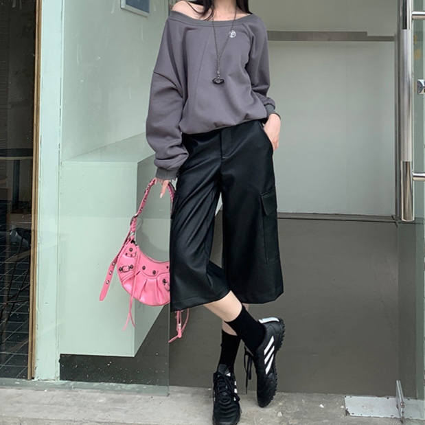 レザーファッション ワイドシルエット七分丈ストレートパンツ