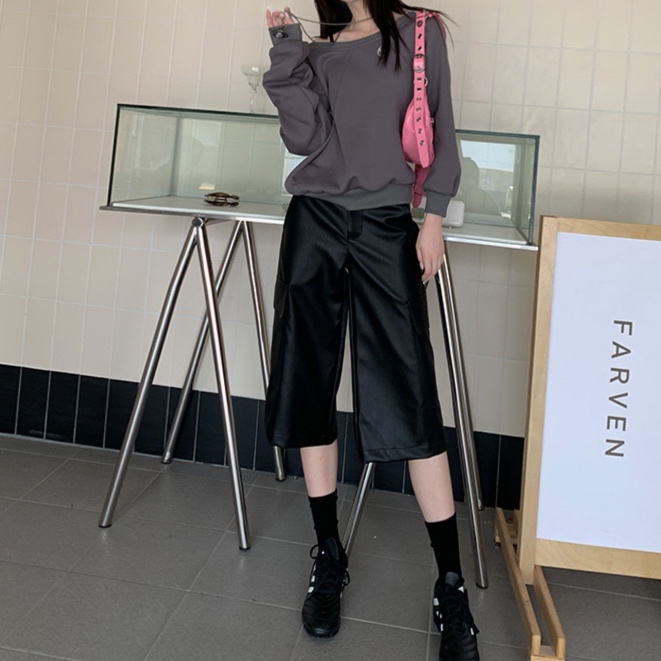 レザーファッション ワイドシルエット七分丈ストレートパンツ