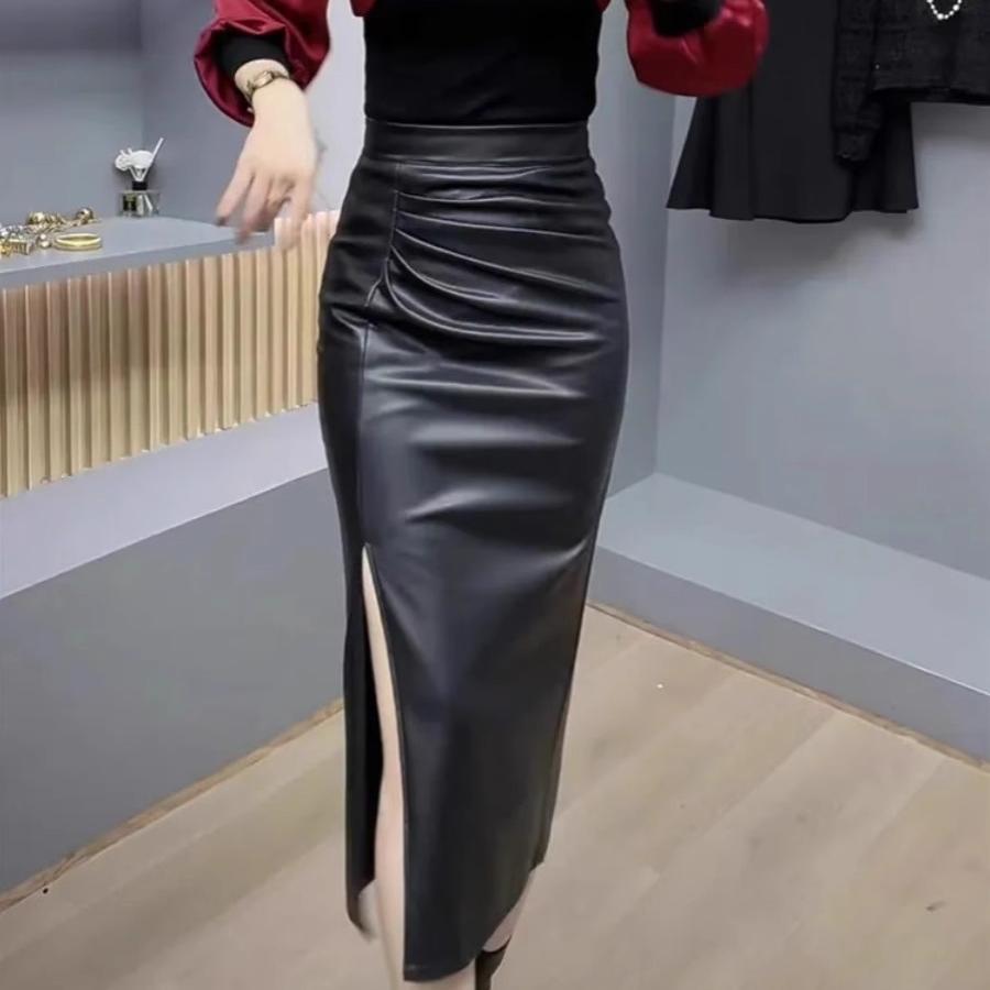 レザーファッション スタイリッシュ サイドスリット タイトスカート