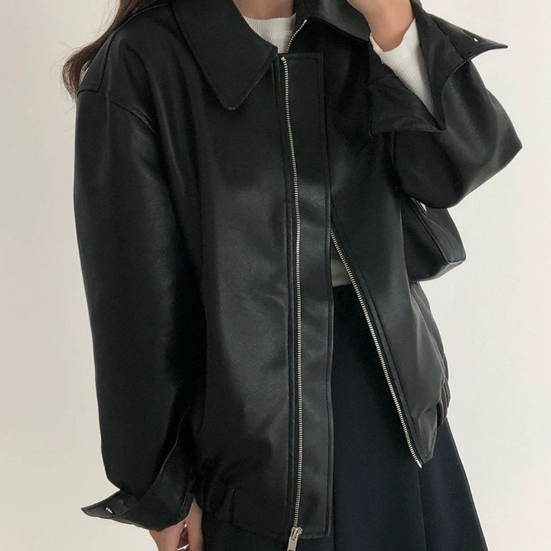 レザーファッション シンプル襟付きジップアップジャケット