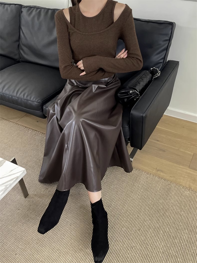 レザーファッション 上質フェイクレザー プリーツ マキシスカート