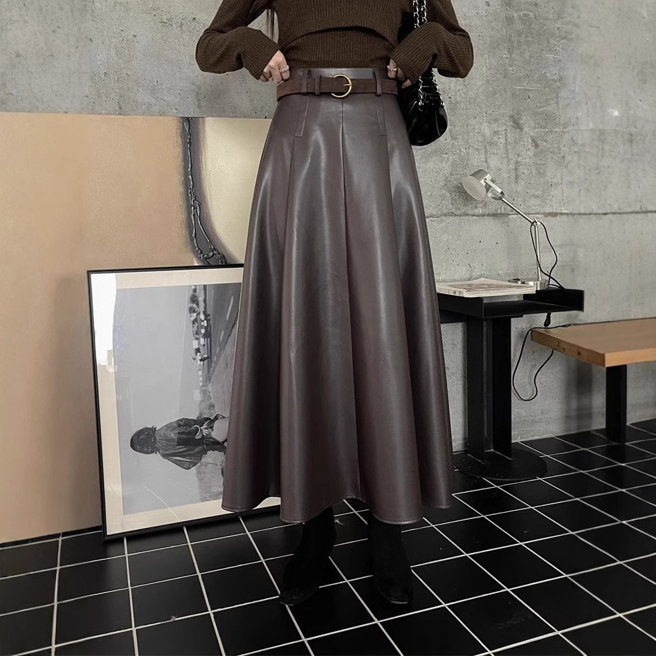レザーファッション 上質フェイクレザー プリーツ マキシスカート