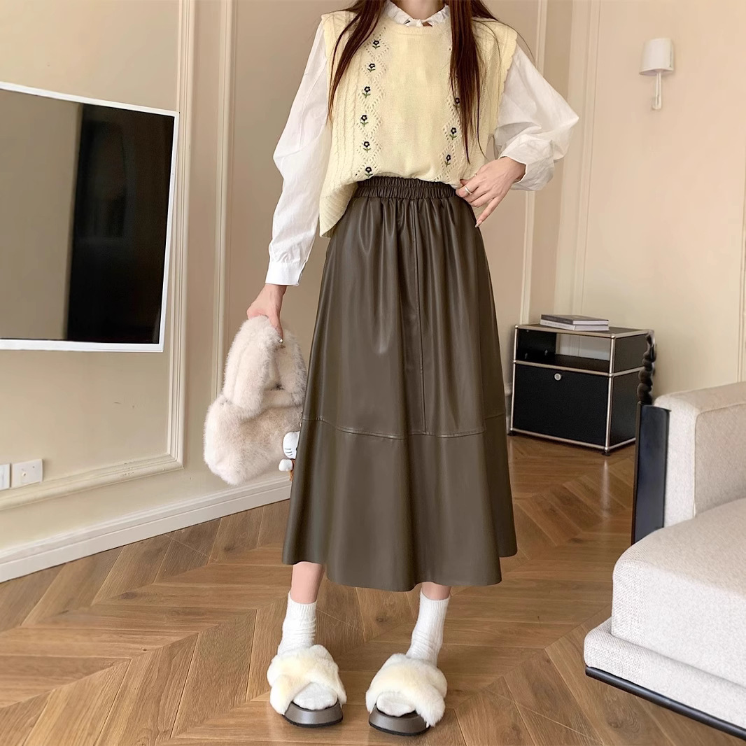 レザーファッション ゆったりシルエット レザー ロングスカート