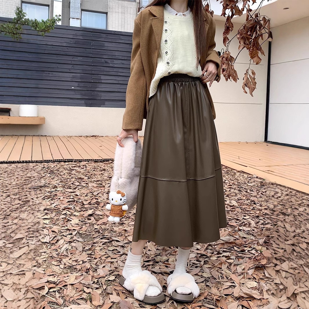 レザーファッション ゆったりシルエット レザー ロングスカート