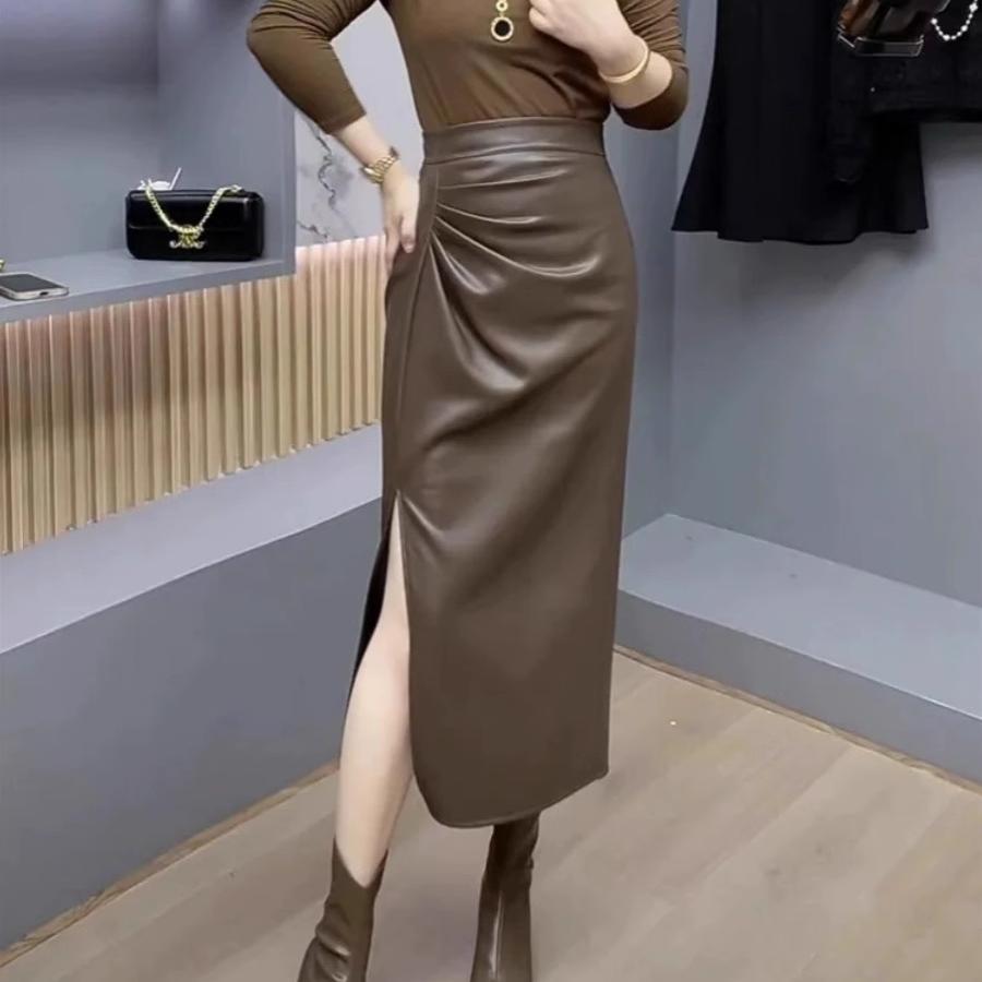 レザーファッション スタイリッシュ サイドスリット タイトスカート