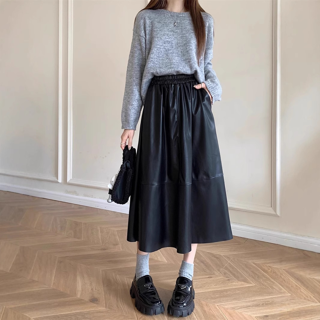 レザーファッション ゆったりシルエット レザー ロングスカート
