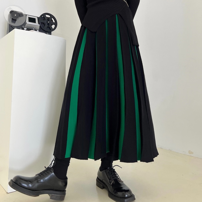 バイカラー切り替えギャザープリーツロングスカート