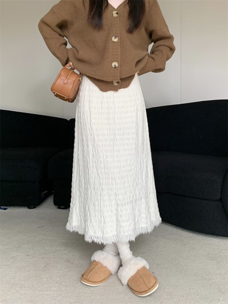 ロングスカート シワ加工マーメイド裾フリンジスカート