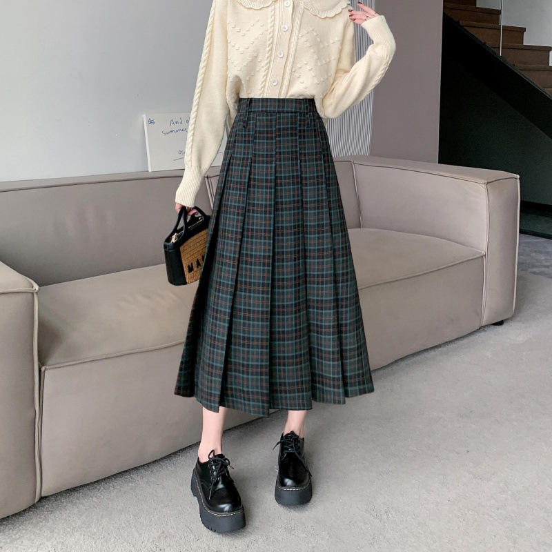 ロングスカート クラシック風チェックプリーツスカート