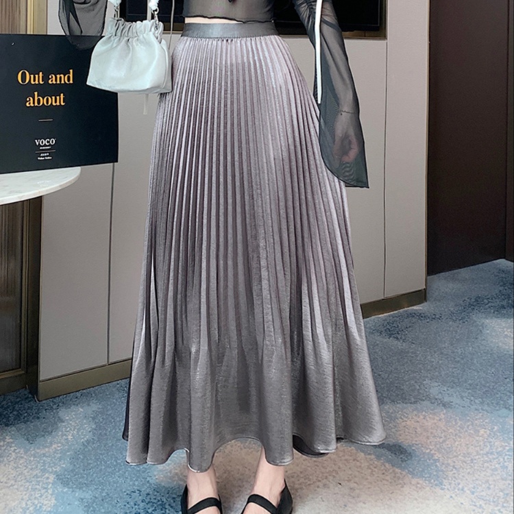 ロングスカート 上品光沢プリーツスカート