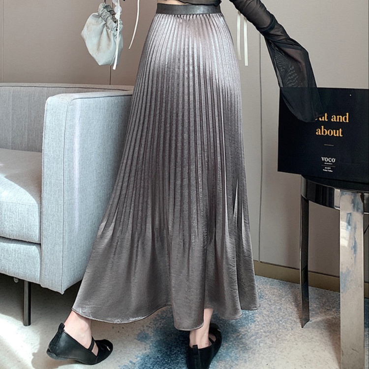 ロングスカート 上品光沢プリーツスカート