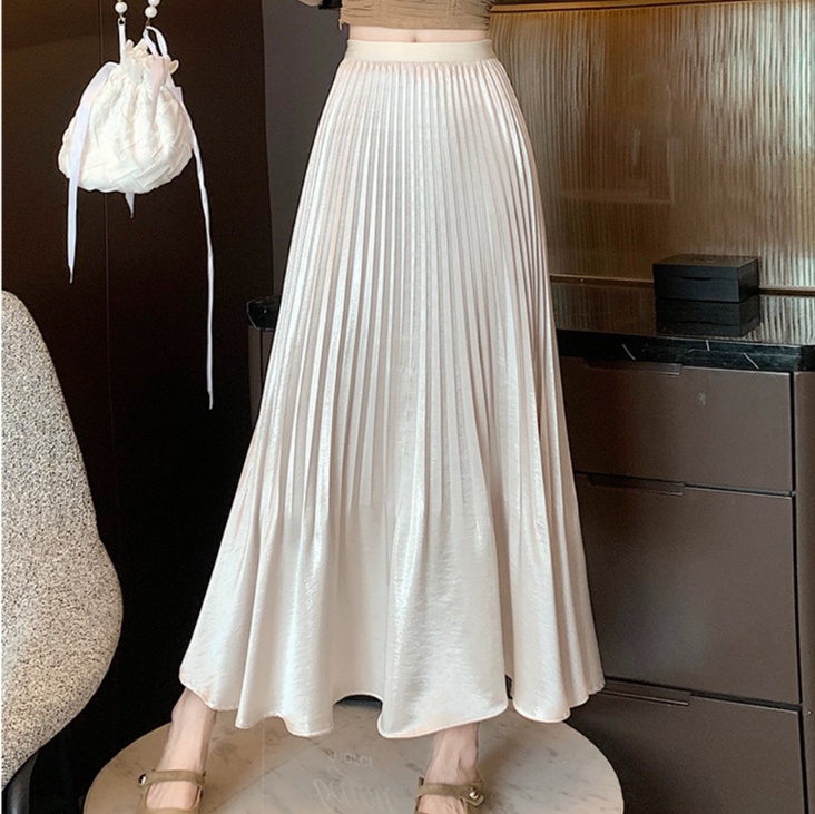 ロングスカート 上品光沢プリーツスカート