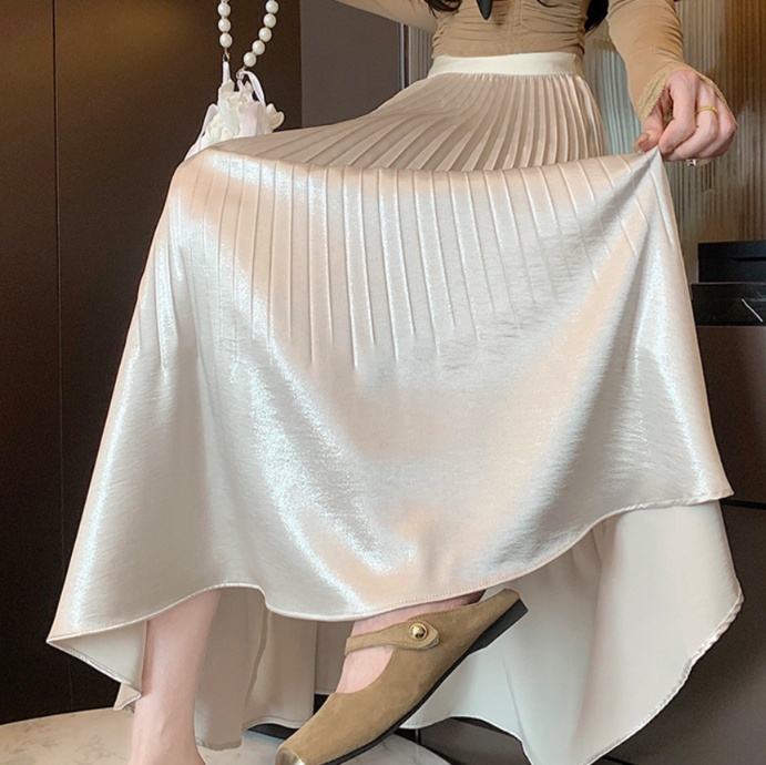 ロングスカート 上品光沢プリーツスカート