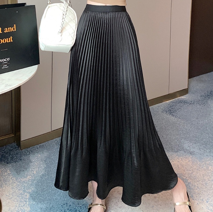 ロングスカート 上品光沢プリーツスカート