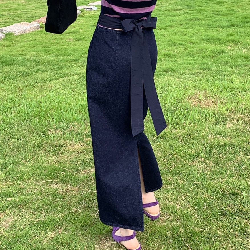 リボン結びデニムロングスカート