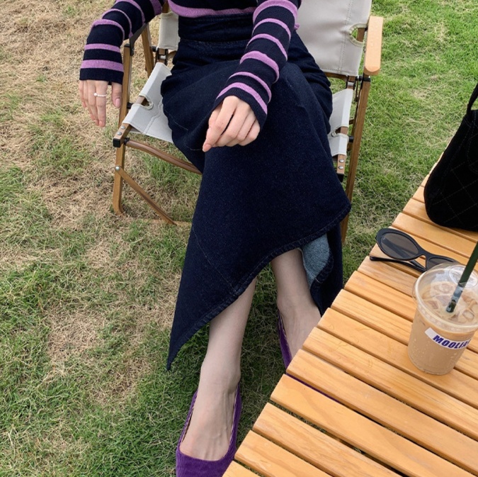 リボン結びデニムロングスカート