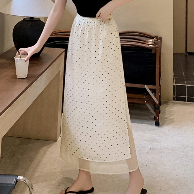 ロングスカート 水玉模様の二重仕立てマキシスカート