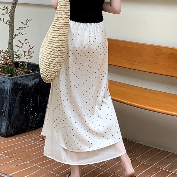 ロングスカート 水玉模様の二重仕立てマキシスカート
