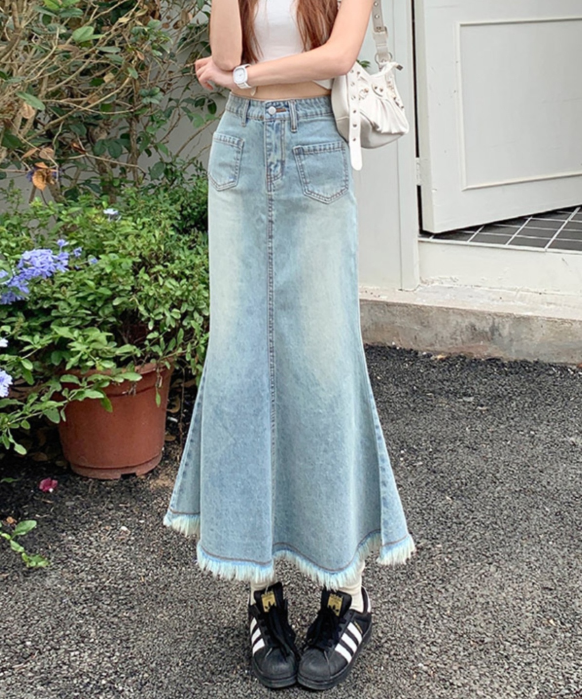 ロングスカート 裾フリンジ マキシ丈デニムスカート