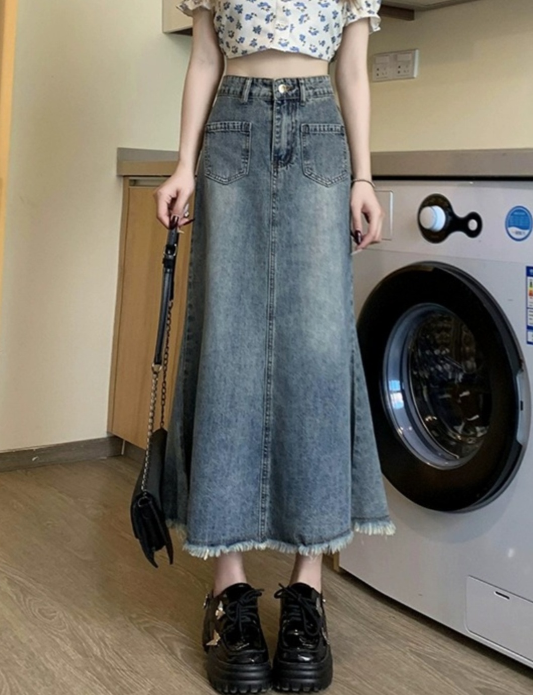 ロングスカート フリンジ裾マキシ丈デニムスカート
