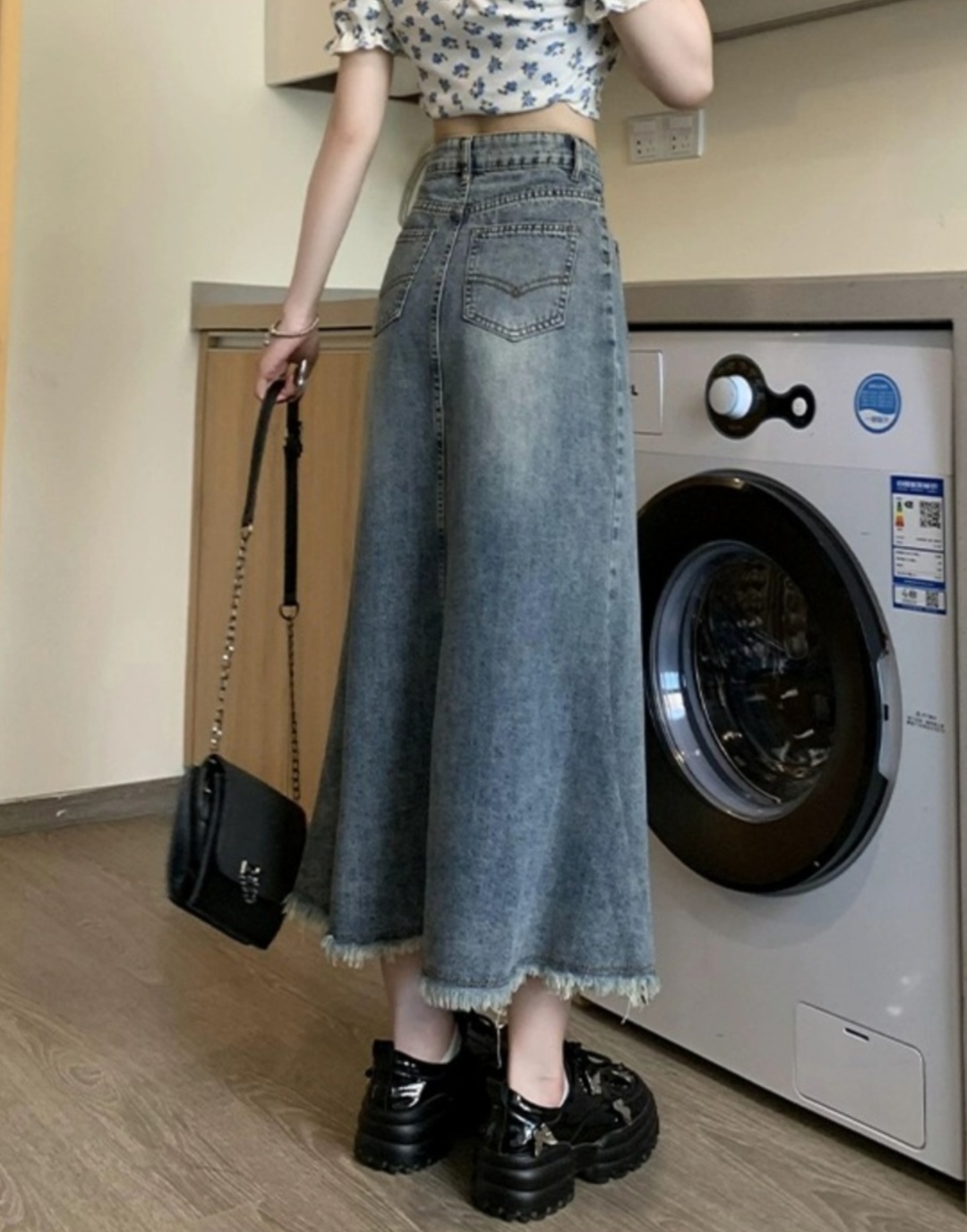 ロングスカート フリンジ裾マキシ丈デニムスカート