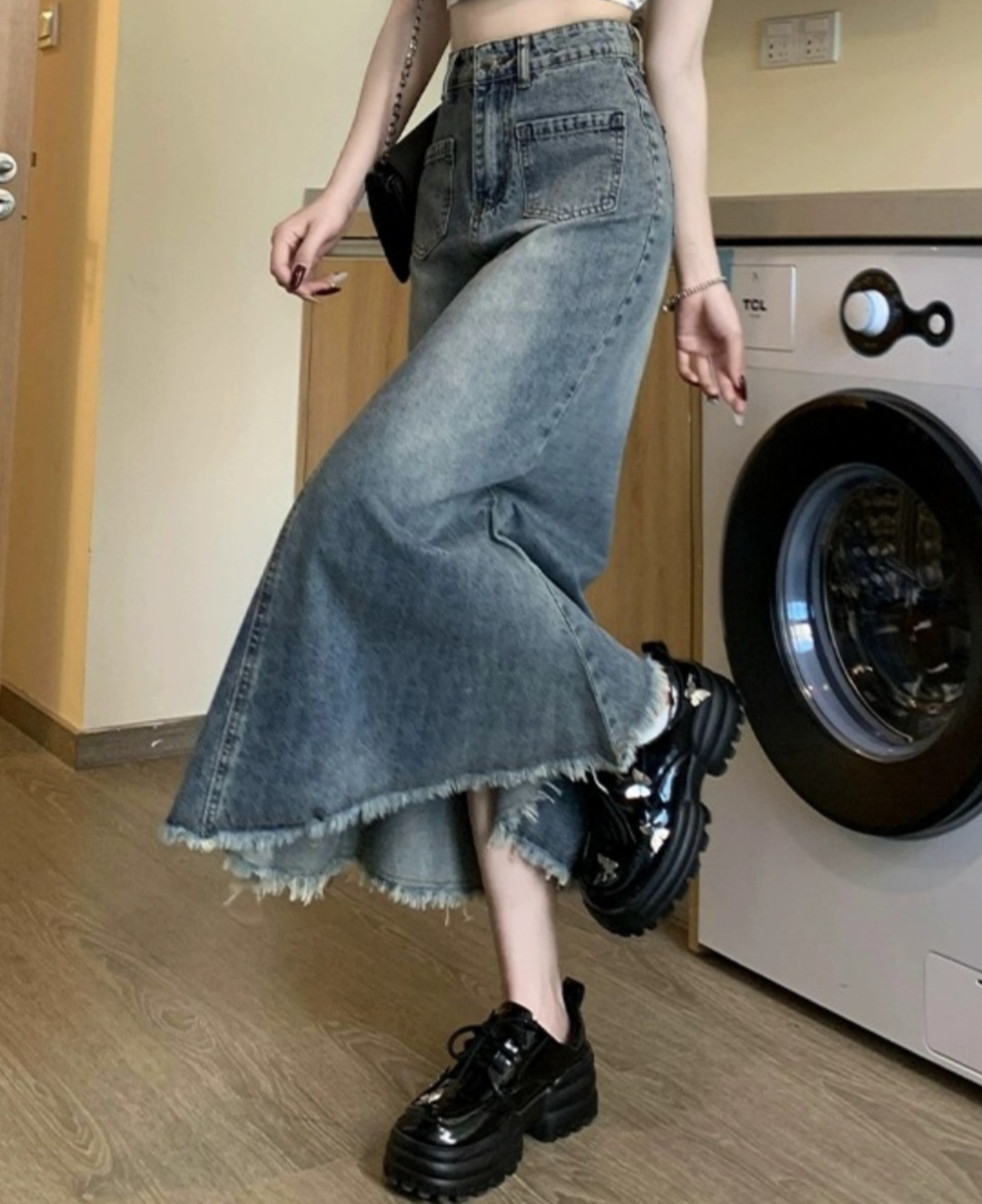 ロングスカート フリンジ裾マキシ丈デニムスカート
