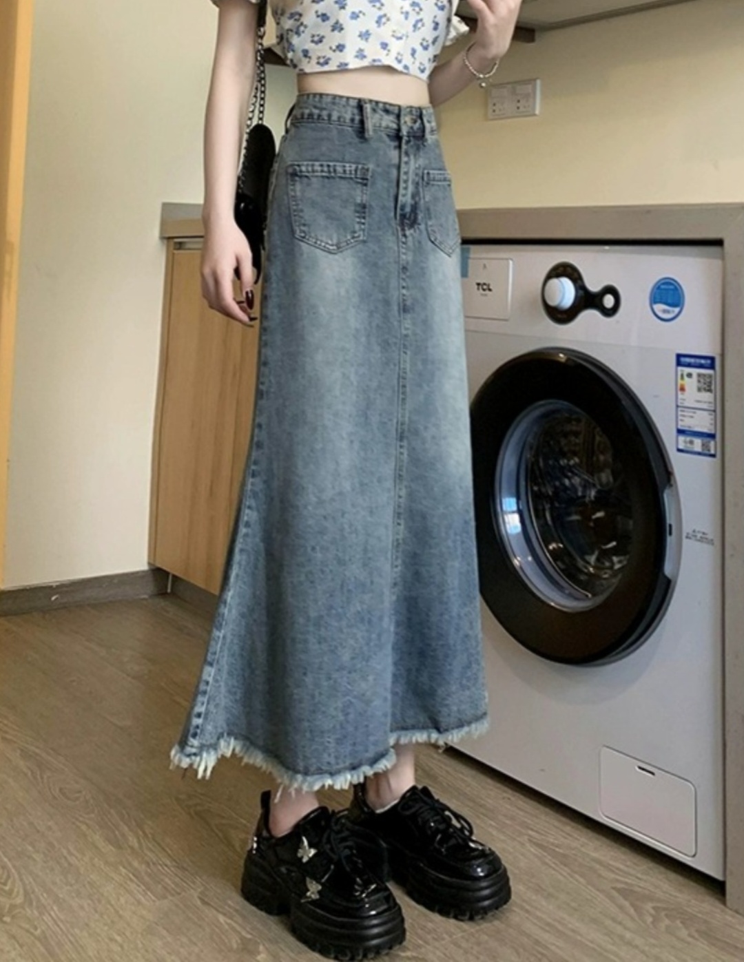 ロングスカート フリンジ裾マキシ丈デニムスカート