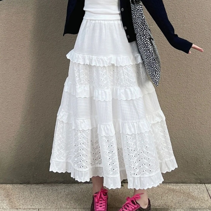 ロングスカート 花刺繍レースティアードスカート