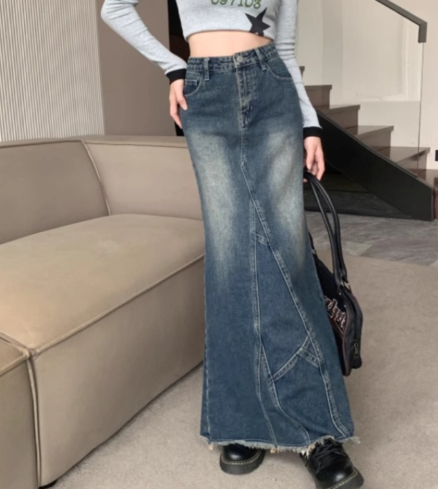 ロングスカート パッチワーク風マキシデニムスカート