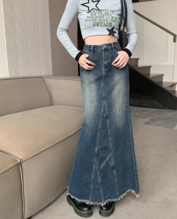 ロングスカート パッチワーク風マキシデニムスカート