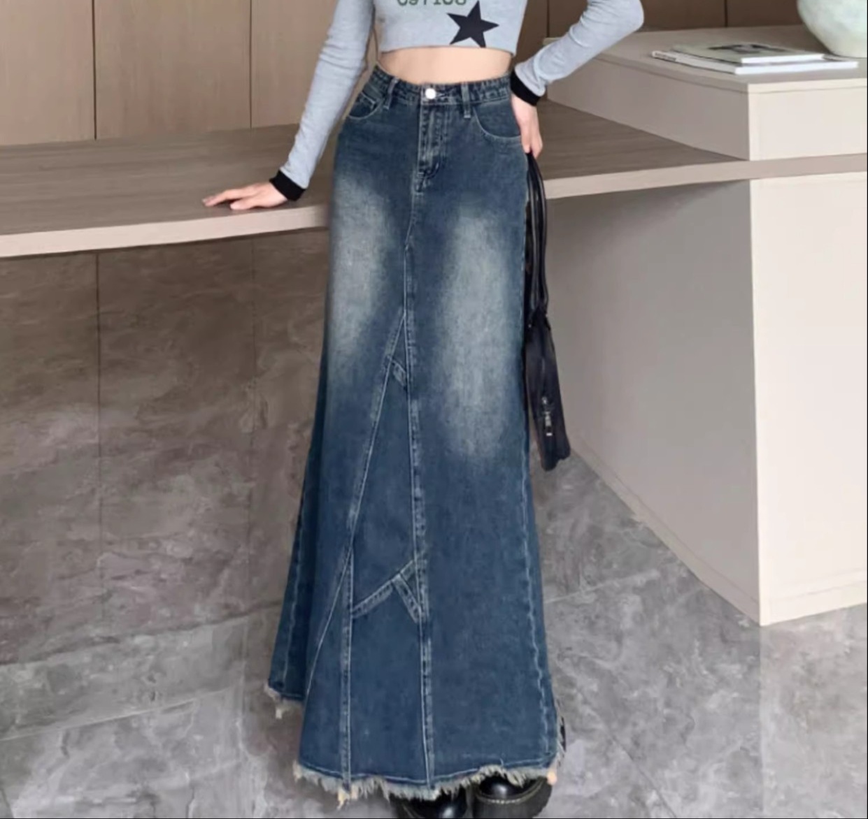 ロングスカート パッチワーク風マキシデニムスカート