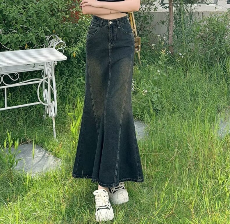 ロングスカート 裾広がりマキシ丈デニムスカート