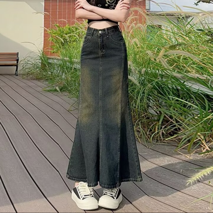 ロングスカート 裾広がりマキシ丈デニムスカート