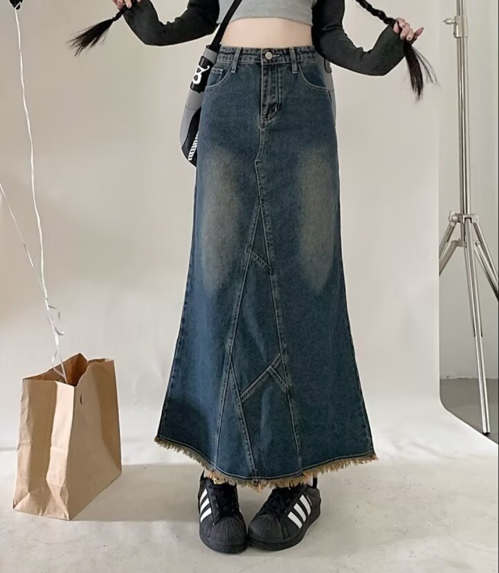 ロングスカート パネルデザイン マキシ丈デニムスカート