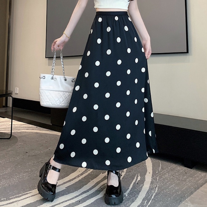 ロングスカート 水玉柄マキシ丈フレアスカート