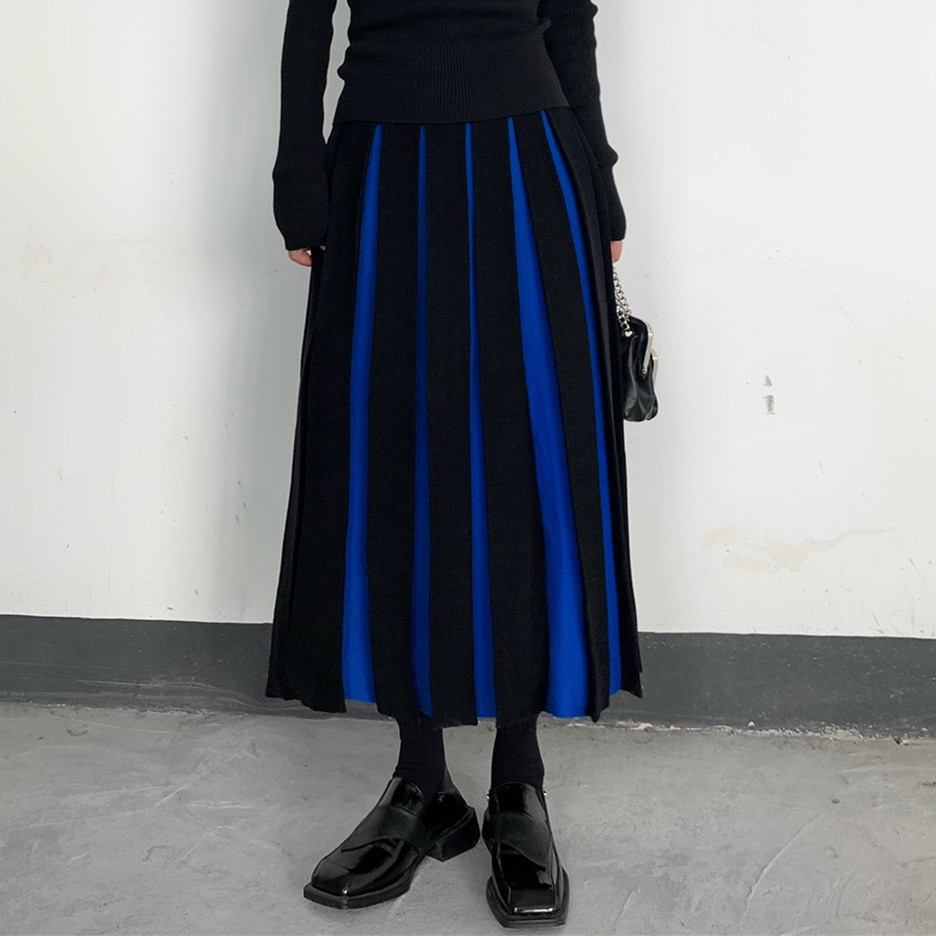 バイカラー切り替えギャザープリーツロングスカート