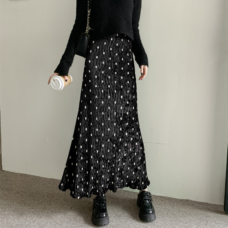 ロングスカート 水玉柄プリーツマキシスカート