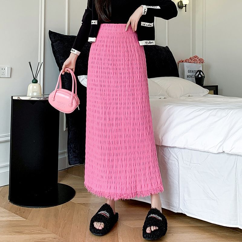 ロングスカート シワ加工マーメイド裾フリンジスカート