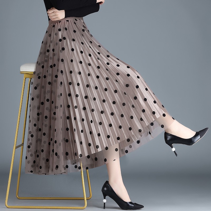 ロングスカート 水玉模様メッシュプリーツスカート