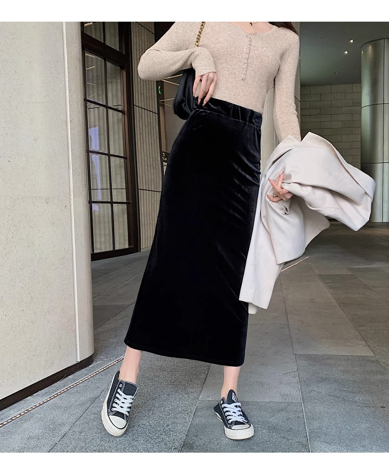 ロングスカート ベロア風マキシ丈タイトスカート