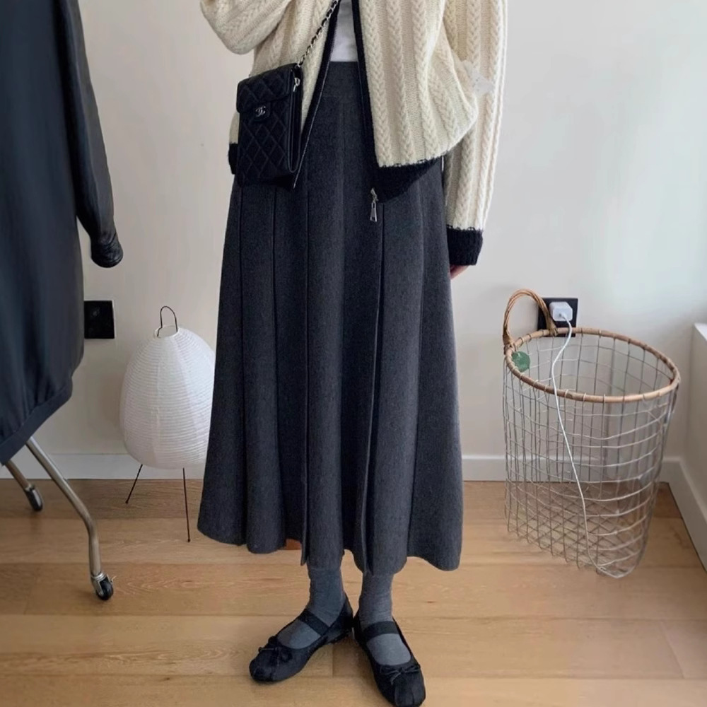 ロングスカート ウール混プリーツミディスカート