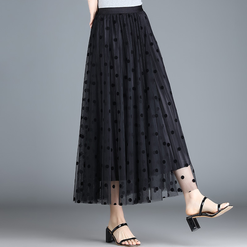 ロングスカート 水玉模様メッシュプリーツスカート