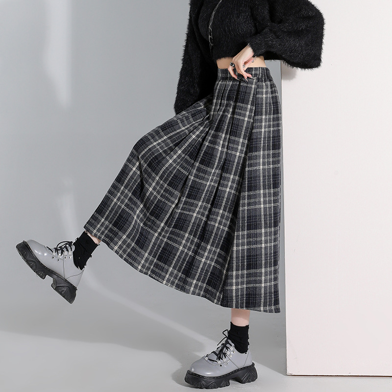 ウール混格子柄プリーツロングスカート