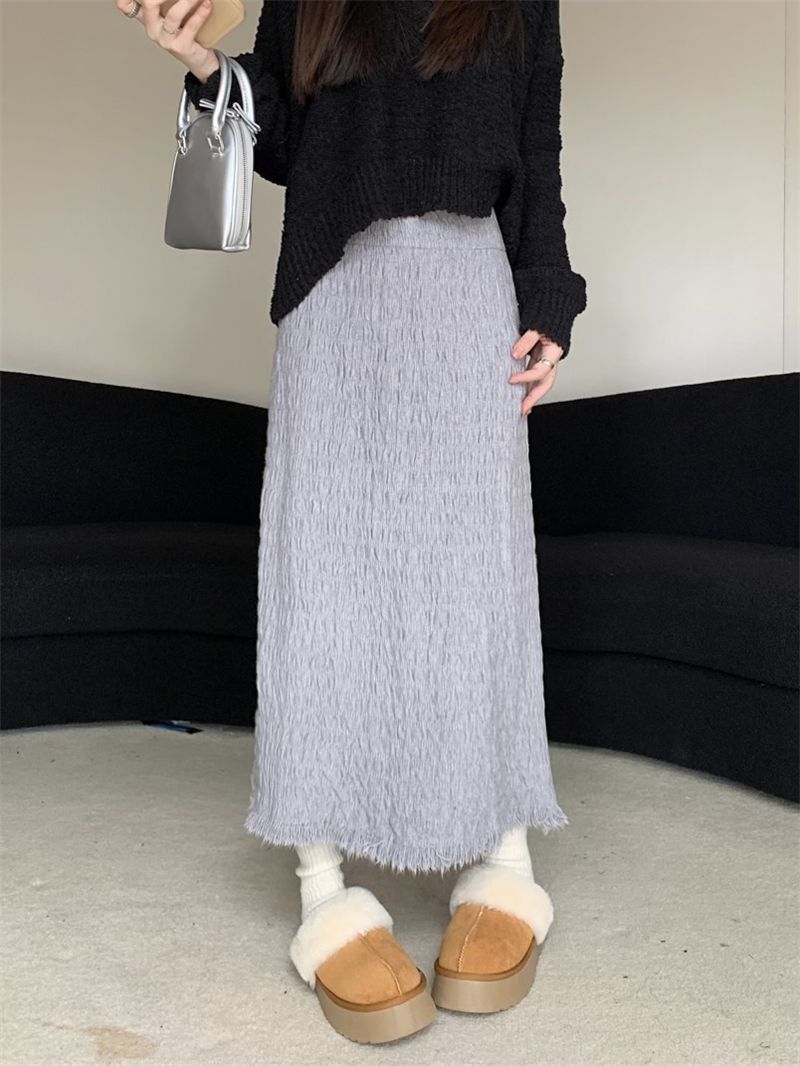 ロングスカート シワ加工マーメイド裾フリンジスカート